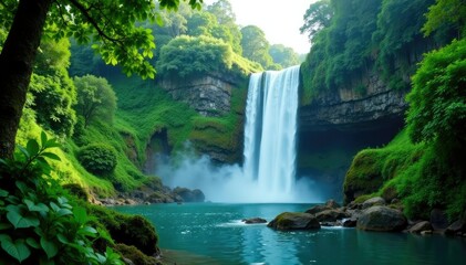 Lush greenery surrounds the roaring waterfall, trees, green, tropical