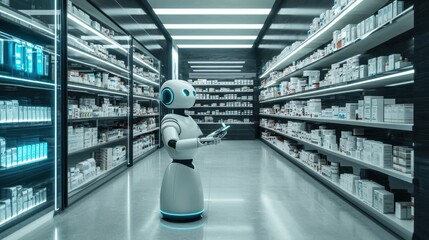 Obraz premium Robot assistant organizing shelves in a modern pharmacy during daytime hours