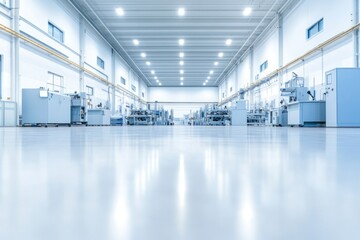 Fototapeta premium wide view of empty industrial workshop featuring orderly equipment lots of light with ample copy space