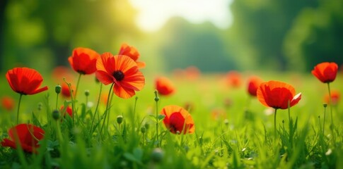 Naklejka premium lush green grass under the large poppy flowers, grass, nature, floral