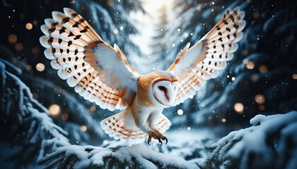 Obraz premium A barn owl in mid-flight with wings fully spread, surrounded by a snowy forest and bokeh light effects