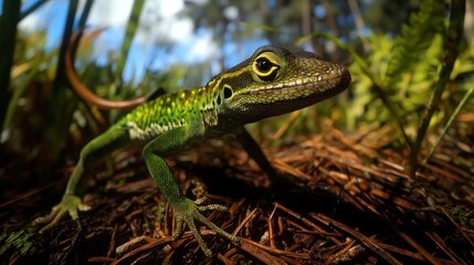 Fototapeta premium Tropical lizard in forest floor, close-up, natural habitat