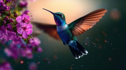 Hummingbird in flight, feeding on flower, vibrant colors, bokeh background