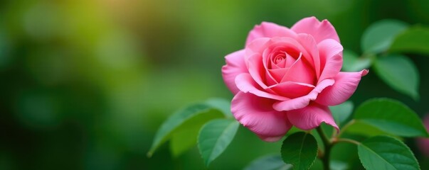 pink rose bloom on a branch with lush green foliage, leaves, botanical art, plant life