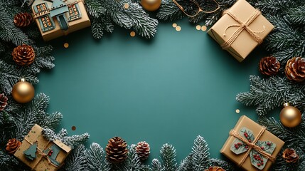 Top view charming craft paper giftbox, delightful train and house shaped Christmas tree ornaments, party glasses, confetti on green surface with open canvas for text. New year's preparations unveiled.