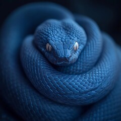 Obraz premium Blue snake coiled up, staring intently. Close up. Dark background