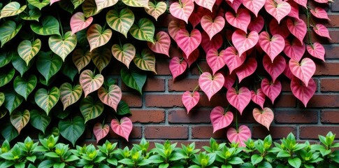 Pink variegated Trachelospermum asiaticum vines on brick, Trachelospermum asiaticum, garden, foliage