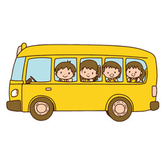 A yellow school bus with happy children sitting inside
