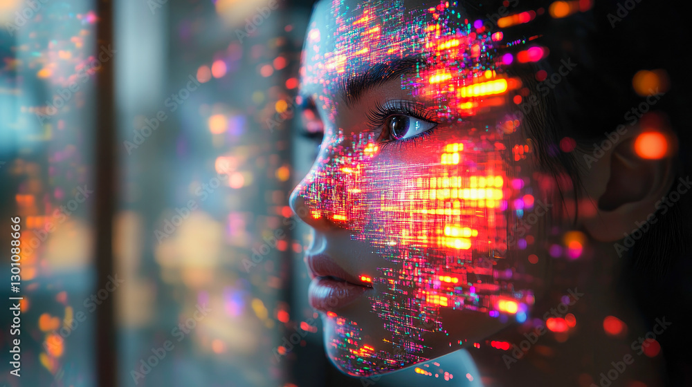 Poster a captivating portrait of a woman overlaid with vibrant digital data patterns, symbolizing the conne