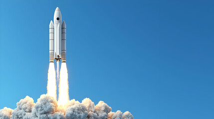 Rocket Launching Into Clear Blue Sky During Bright Daytime Scene