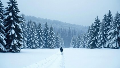 Single dark shape cuts through snowy expanse stark contrast, forest, snow, stark