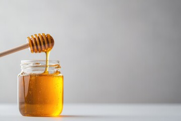photo of glass honey jar with wooden dipper resting on top placed on clean white background
