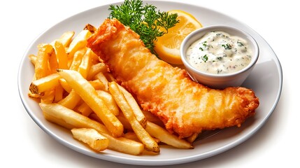 Delicious fish and chips with tartare sauce white background food photography studio setup culinary delight