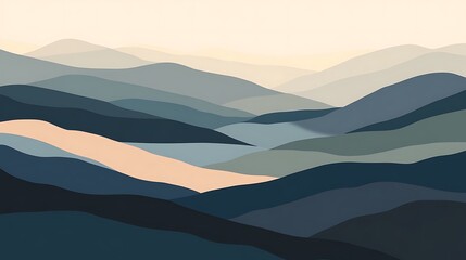 Calm blue green and pink mountain range abstract landscape artwork
