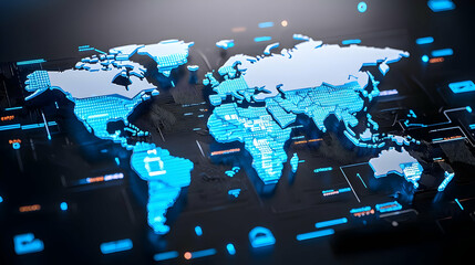 Obraz premium Futuristic World Map with Digital Elements and Blue Glow Effects