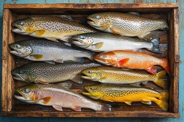 Vibrant assortment of freshly caught trout in rustic wooden box for culinary display or nature illustration