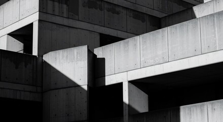 Fototapeta premium Stark concrete architecture dramatically lit by strong sunlight casts deep shadows creating geometric patterns. AI Generated