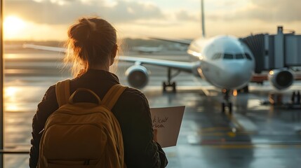 Woman with a yellow backpack gazes at an airplane during sunset at an airport terminal