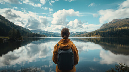 Serene mountain lake scene with woman traveler backpack peaceful nature view sky day calm blue water