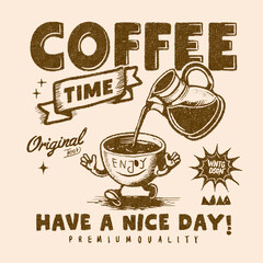 vector coffee cup character. Cup of aromatic coffee, silhouette. background. Retro groovy  with coffee mascot. cappuccino, cocoa, latte, espresso and americano. t-shirt design. print design.