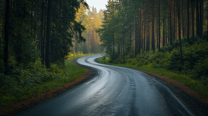 Fototapeta premium Scenic winding road through lush green summer forest way path calm trees drive woods curve route