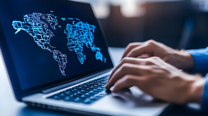 Obraz premium Person Typing on Laptop with Digital World Map on Screen