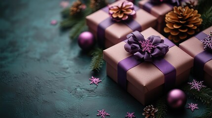 Top view photo of purple present boxes with violet ribbon bows, pink and lilac baubles, flower, snowflake ornaments, and sequins on isolated green background with copyspace. New year concept.