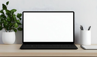 Fototapeta premium Minimalist Workspace with Laptop and Green Plant on Wooden Desk
