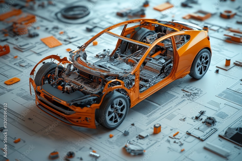 Poster exploded view of a modern electric vehicle with car parts against digital data interfaces
