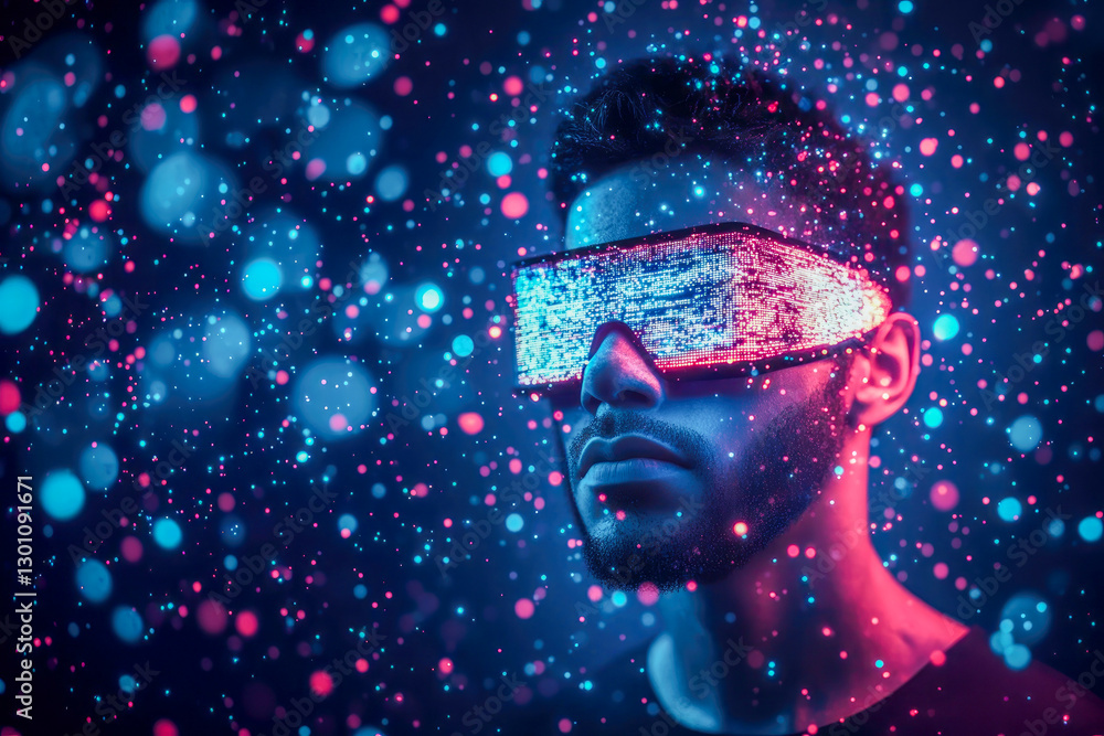Poster this visually stunning image presents a stylish individual in a cosmic setting filled with digital p