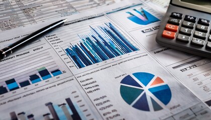 financial data analysis a close up image of a financial newspaper displaying a variety of graphs charts and data with a calculator lying atop the paper