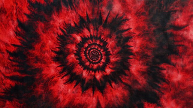 A red tie-dye pattern, with dark shades of crimson and scarlet, blending together in an intricate spiral design. The background is solid black to highlight the detailed texture of the fabric