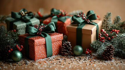 Top view photo of red gift boxes with green ribbon bows, baubles, mistletoe berries, pine branches in snow, and confetti on isolated beige background with copyspace. New year concept.