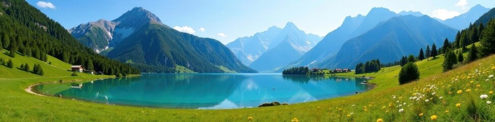 Fototapeta premium Serene blue lake nestled in alpine meadows, majestic mountains rising , royalty free, idyllic