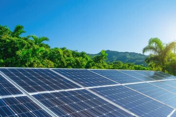 capture essence of green technology by showcasing solar panel glistening under sunlight surrounded by greenery in backdrop