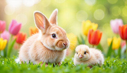 Obraz premium Fluffy bunny and tiny chick sitting among tulips, spring companionship