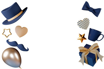 Celebration decorations with hats, balloons, and gifts for a festive occasion. 3d rendering
