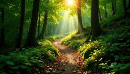 Obraz premium Steep, winding trail through forest Sunlight dapples leaves , path, backpacking, mountain path