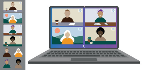 Video call conference, working from home. Colleagues of different nationalities and ages talk to each other on the laptop screen. Isolated illustration on white background in flat style trendy colors