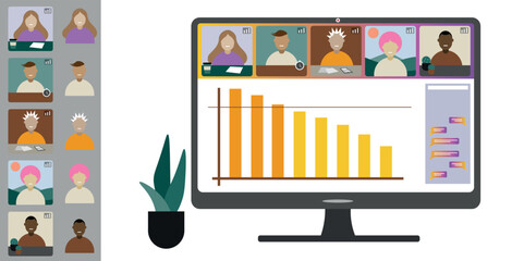 Video call conference, working from home. Colleagues of different nationalities and ages talk to each other on computer screen. Isolated illustration on white background in flat style trendy colors