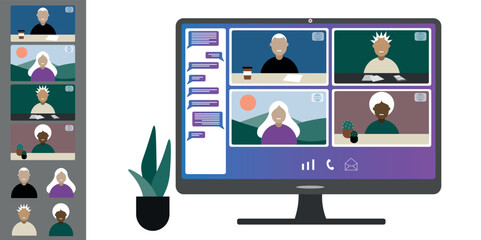 Video call conference, working from home. Colleagues of different nationalities and ages talk to each other on computer screen. Isolated illustration on white background in flat style trendy colors