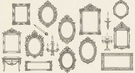 Elegant Ornate Frames Candlesticks Tabletop Design Elements. AI Generated
