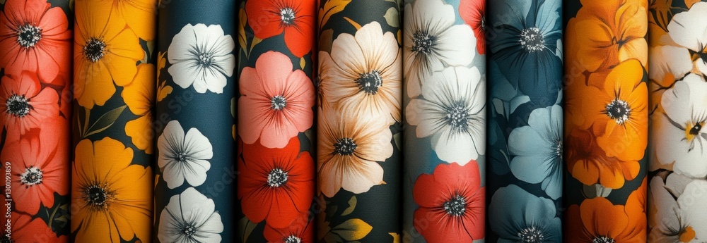 Poster rolls of fabric with colorful floral patterns arranged in a row.