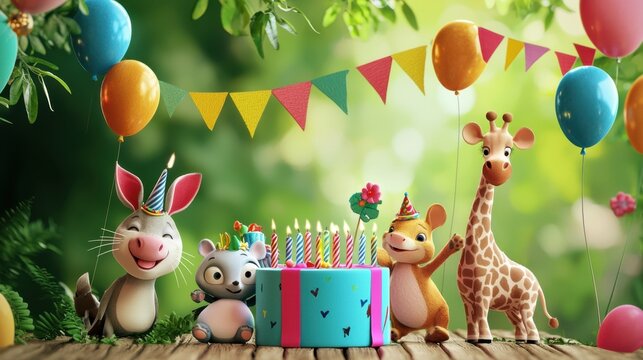 Colorful forest birthday party celebration with cheerful animal characters and a vibrant cake setup