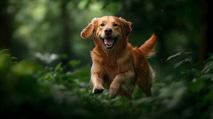 Golden retriever joyfully running through a lush green forest
