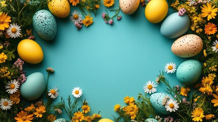 Top view picture of multi hued eggs and budding chamomiles on an aqua base with an empty egg shaped placeholder for text, perfect for spring celebration design.
