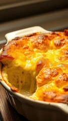 Baked cheesy soufflé rising from a baking dish, oven-baked, bubbly topping, gruyere cheese