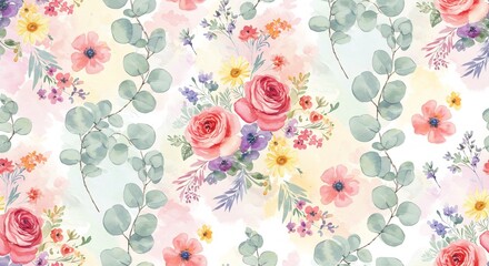 Soft pastel floral watercolor pattern featuring delicate roses and eucalyptus leaves arranged harmoniously. AI Generated