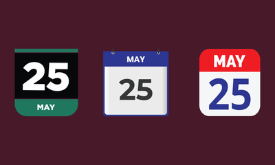 May 25 - Daily Calendar Icon set.Flat style. Date, day and month.