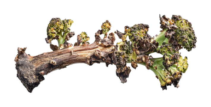 Unique and unusual broccoli stalk with curly florets showcasing a distinct appearance and texture, ideal for culinary exploration and creative recipes, cut out